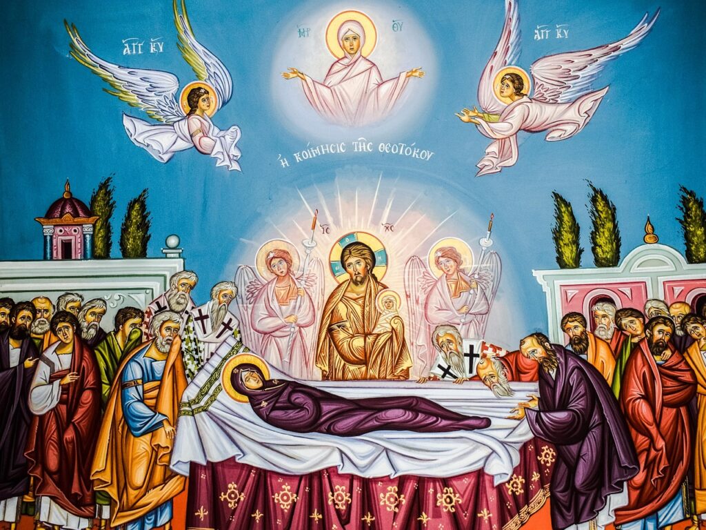 the assumption of virgin mary, iconography, painting, byzantine style, religion, orthodox, church, panagia, protaras, cyprus, christianity, iconography, iconography, orthodox, orthodox, orthodox, orthodox, orthodox