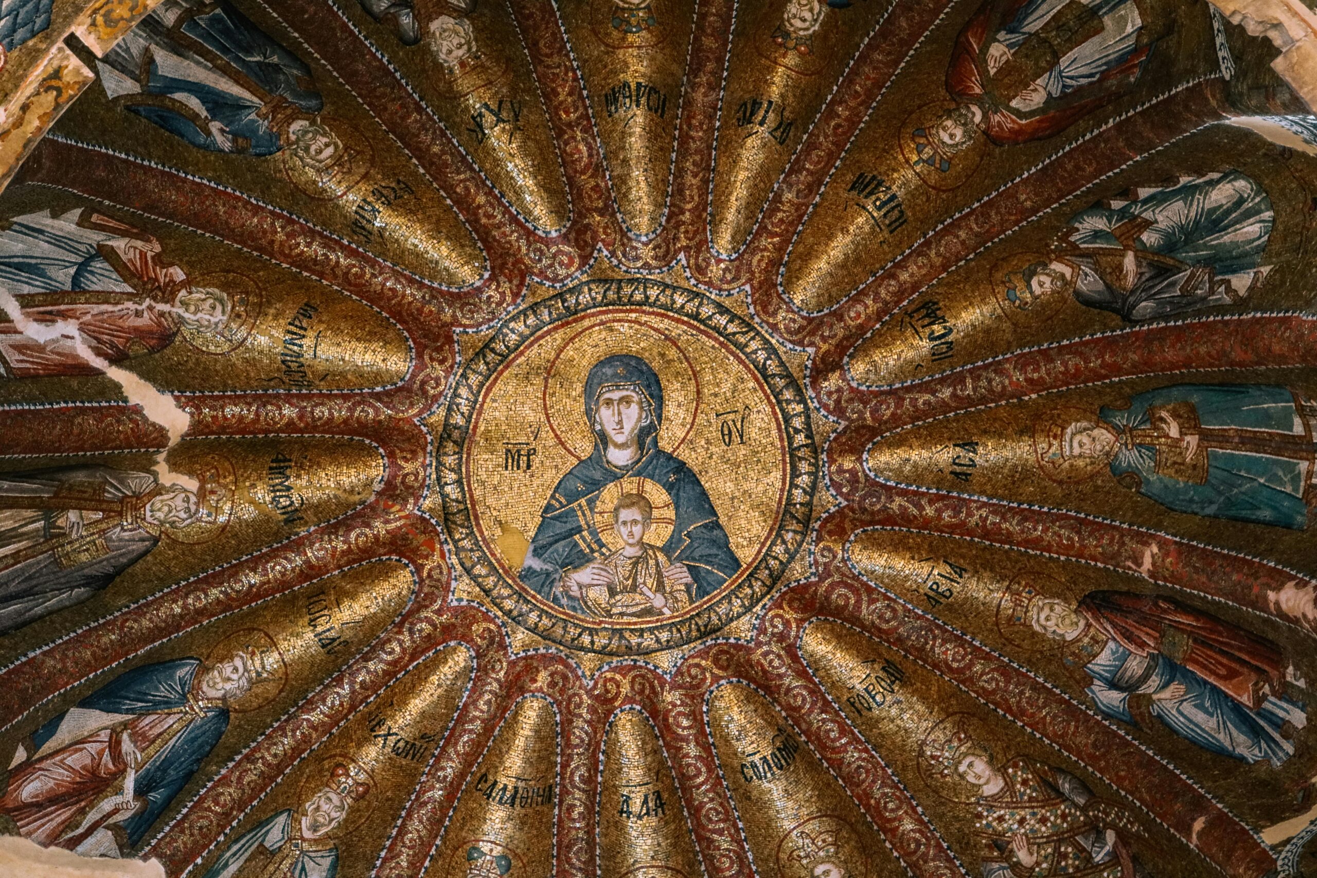 Intricate Byzantine mosaic art from Chora Church, featuring religious iconography.